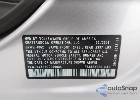 2013 Volkswagen Passat 2.0L Tdi Sel Premium from USA, damaged, VIN 1VWCN7A38DC096834